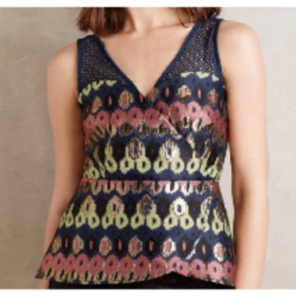 Anthropologie Jacquard Metallic Peplum Top with Eyelet detail